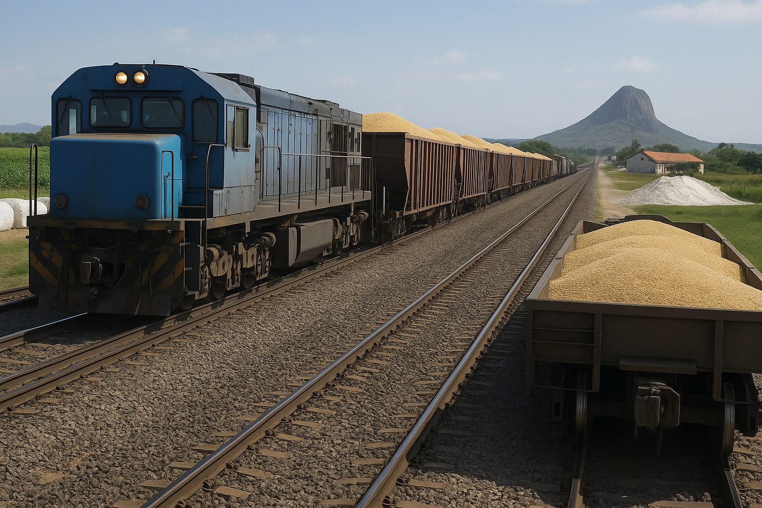 Trem carregado com grãos parado nos trilhos da Transnordestina, com a paisagem do Sertão Central ao fundo, simbolizando o impacto do atraso da ferrovia na economia cearense.