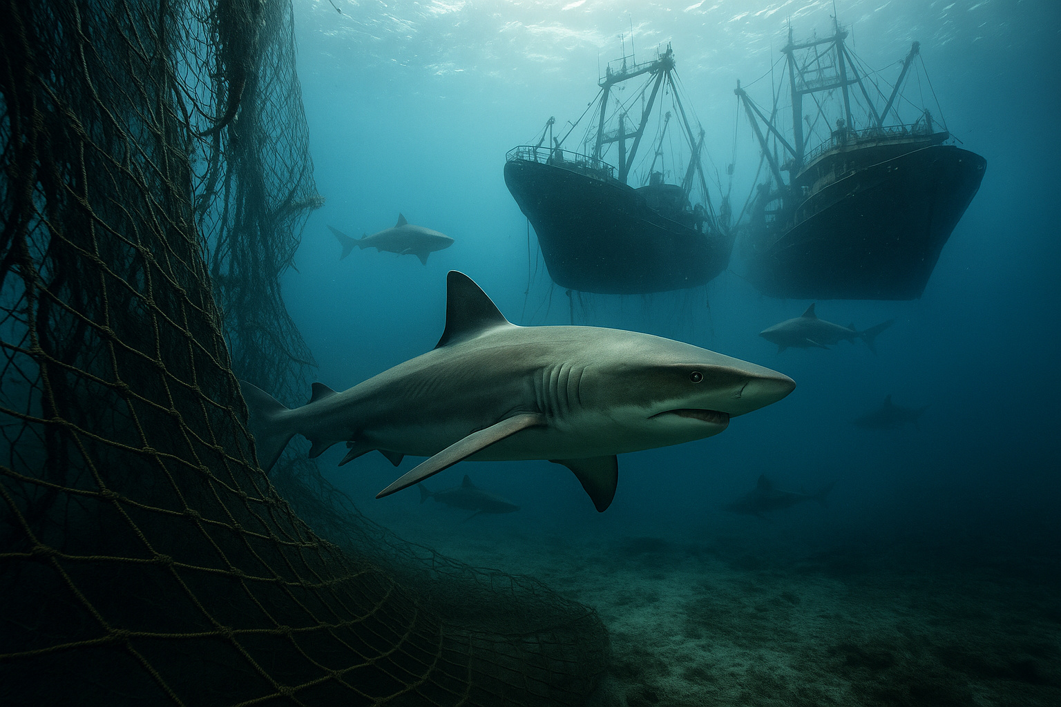 Tubarões nadando próximos a redes de pesca e grandes embarcações industriais, representando o declínio das espécies causado pela superpesca e pelo desequilíbrio dos oceanos.