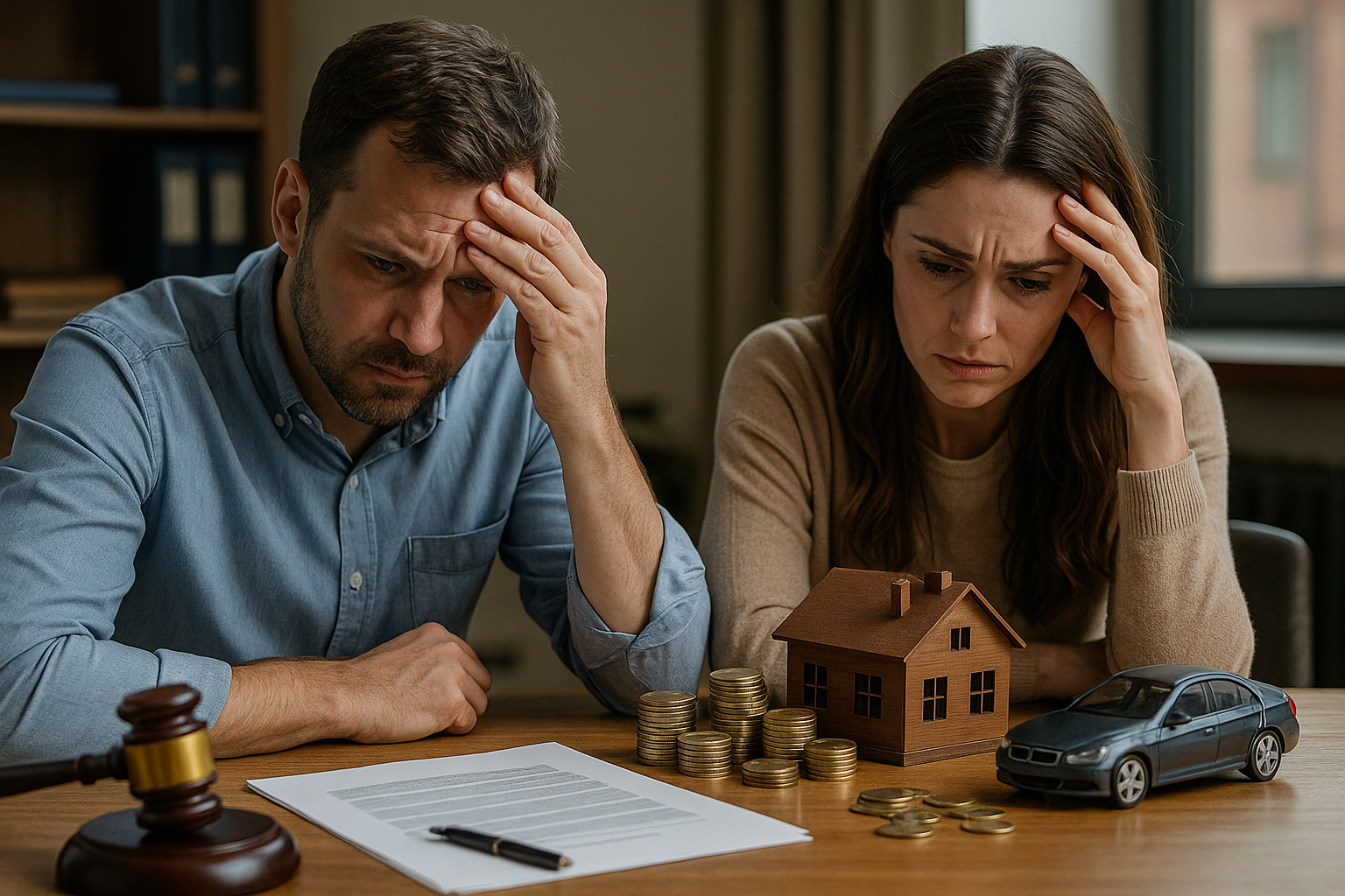 Casal preocupado analisando documentos jurídicos com miniatura de casa, carro e moedas representando patrimônio comprometido em processo de execução.