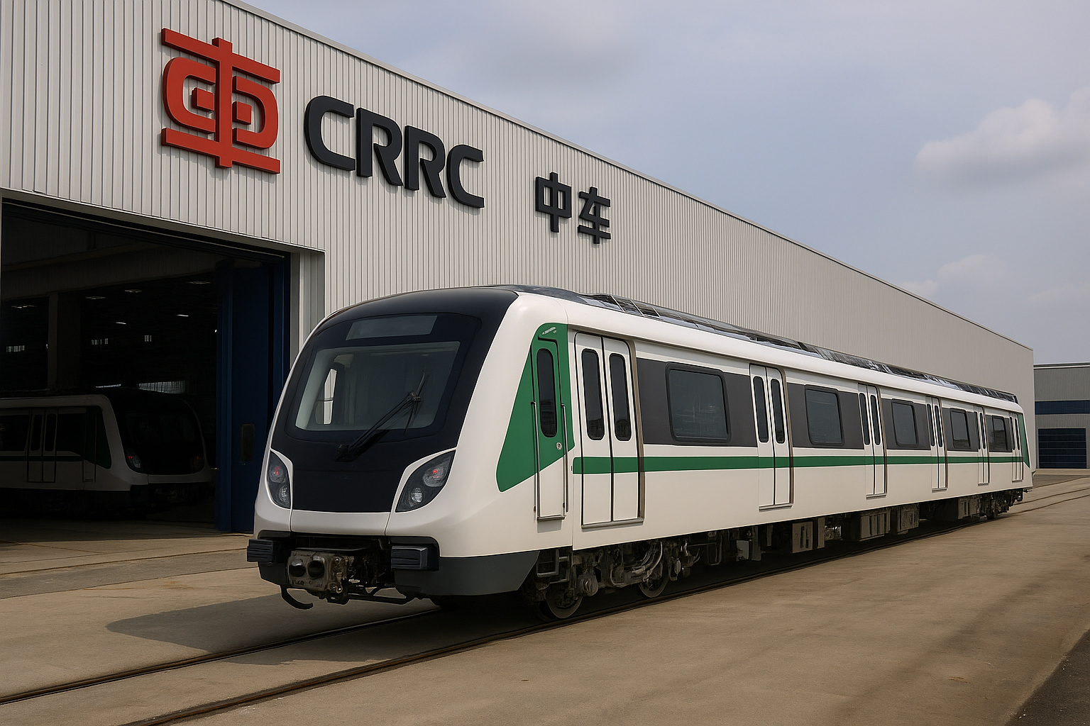 Trem da CRRC em frente à fábrica em Araraquara, destacando a operação industrial e a produção da Frota R que movimenta o mercado de trabalho.