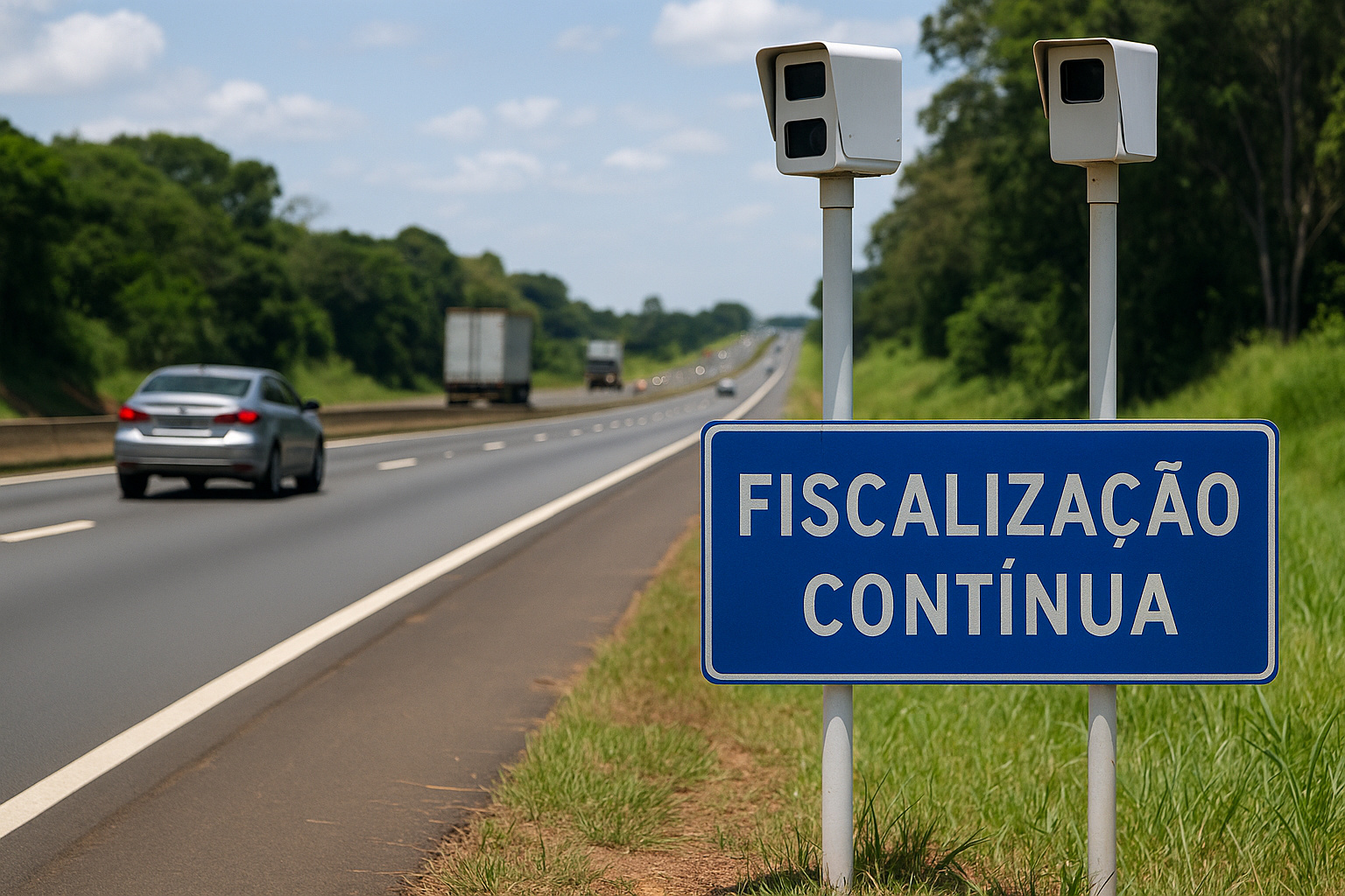 Radar de trecho instalado em rodovia com placa de fiscalização contínua, representando o novo sistema de medição de velocidade média no Brasil.
