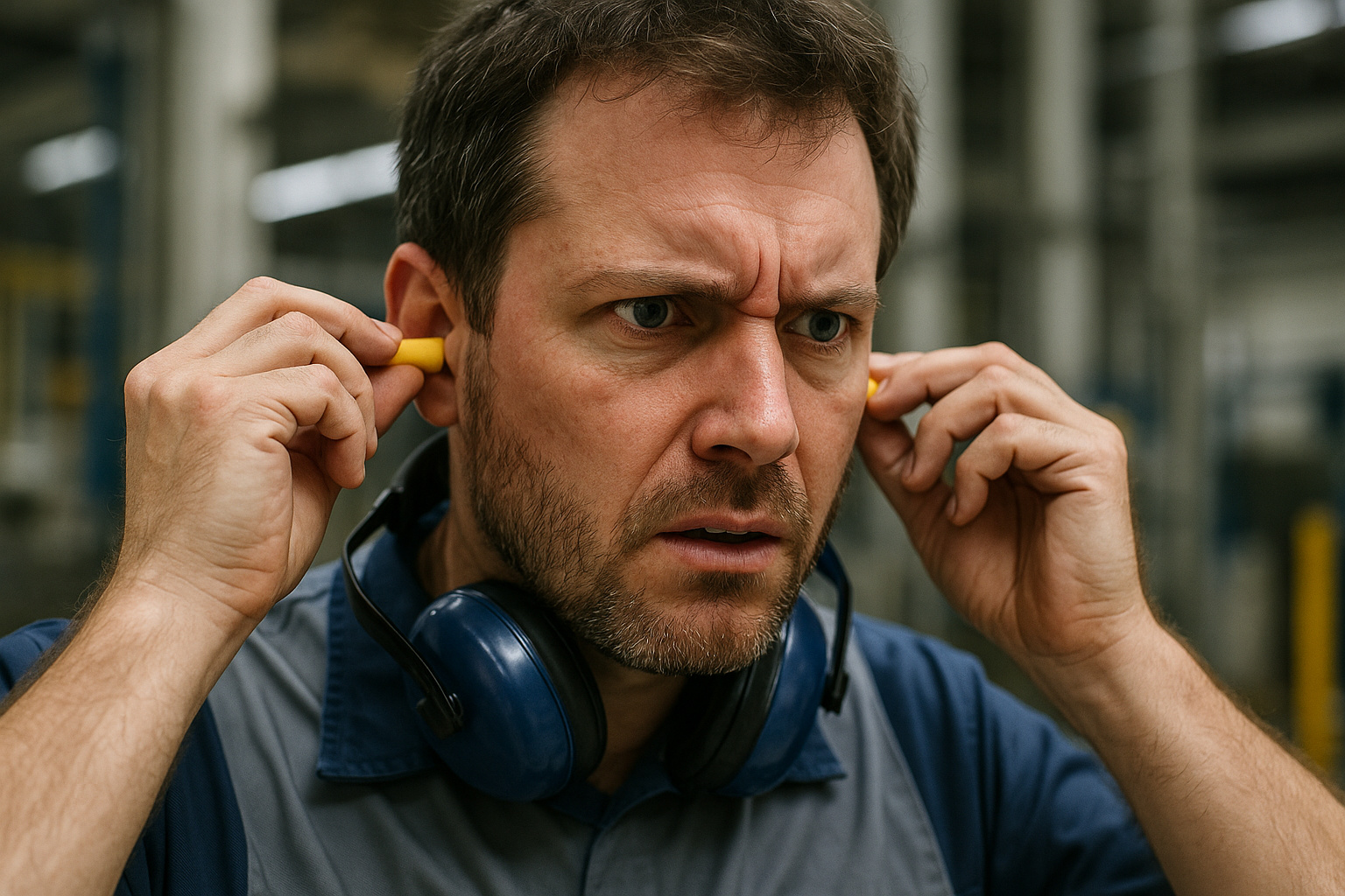 Funcionário em ambiente industrial tentando colocar protetor auricular e demonstrando dúvida sobre sua eficácia diante do ruído elevado.