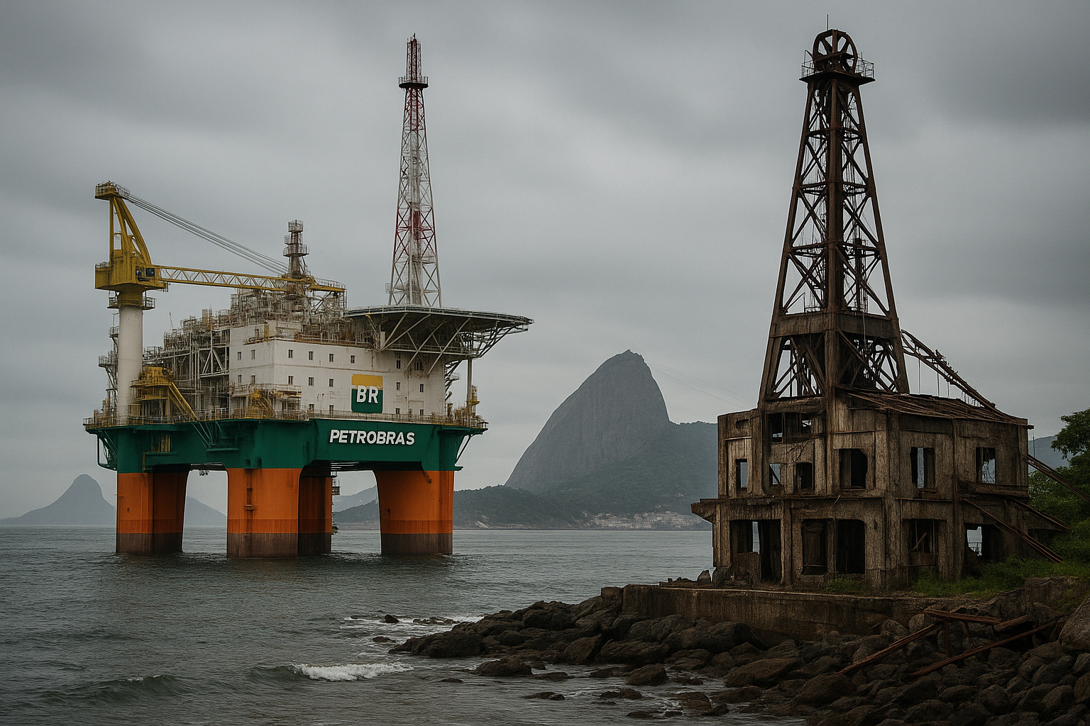 Plataforma da Petrobras ao lado de estrutura industrial degradada com o Pão de Açúcar ao fundo, simbolizando o alerta de que o Norte do Rio pode “virar uma Detroit”.