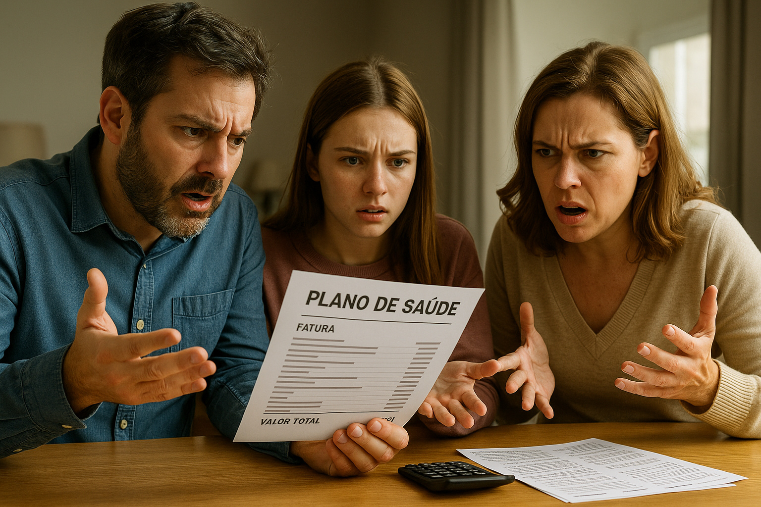 Família indignada analisa fatura de plano de saúde com reajuste elevado, refletindo problemas de contratos falsos coletivos e cobranças abusivas.