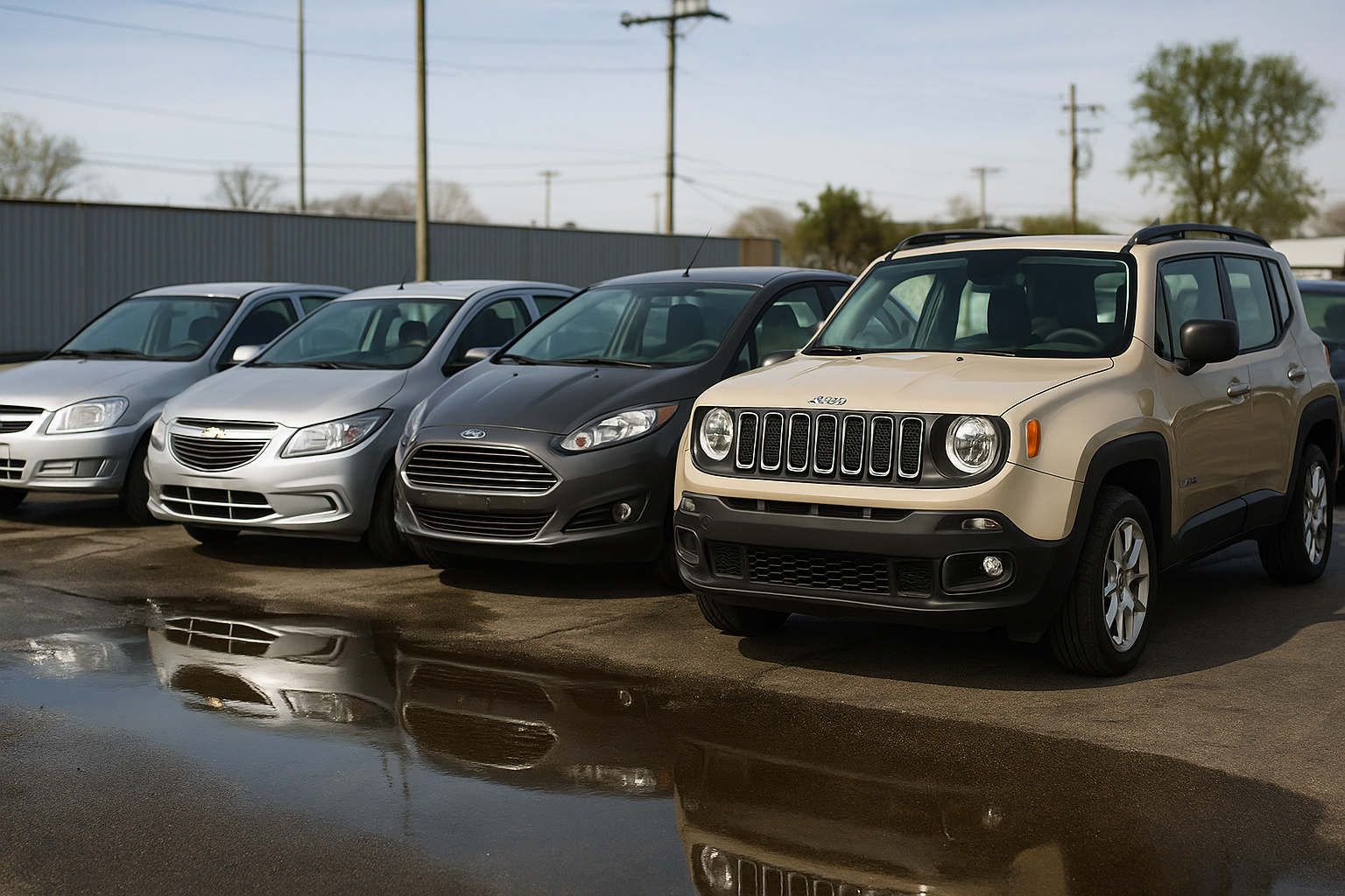 Carros americanos usados alinhados em pátio, incluindo Chevrolet Celta, Onix, Ford Fiesta e Jeep Renegade, representando modelos acessíveis no Brasil.