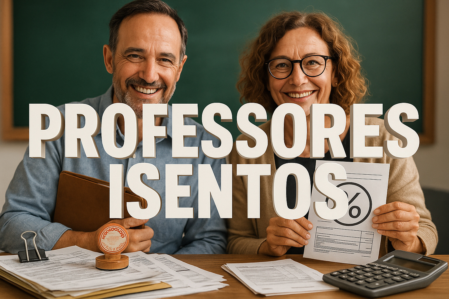 Professores segurando documentos com símbolo de porcentagem em mesa de análise tributária, representando a isenção do Imposto de Renda para docentes.