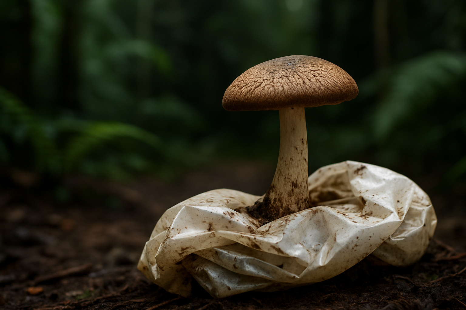 Fungo amazônico crescendo sobre plástico degradado em ambiente de floresta úmida.