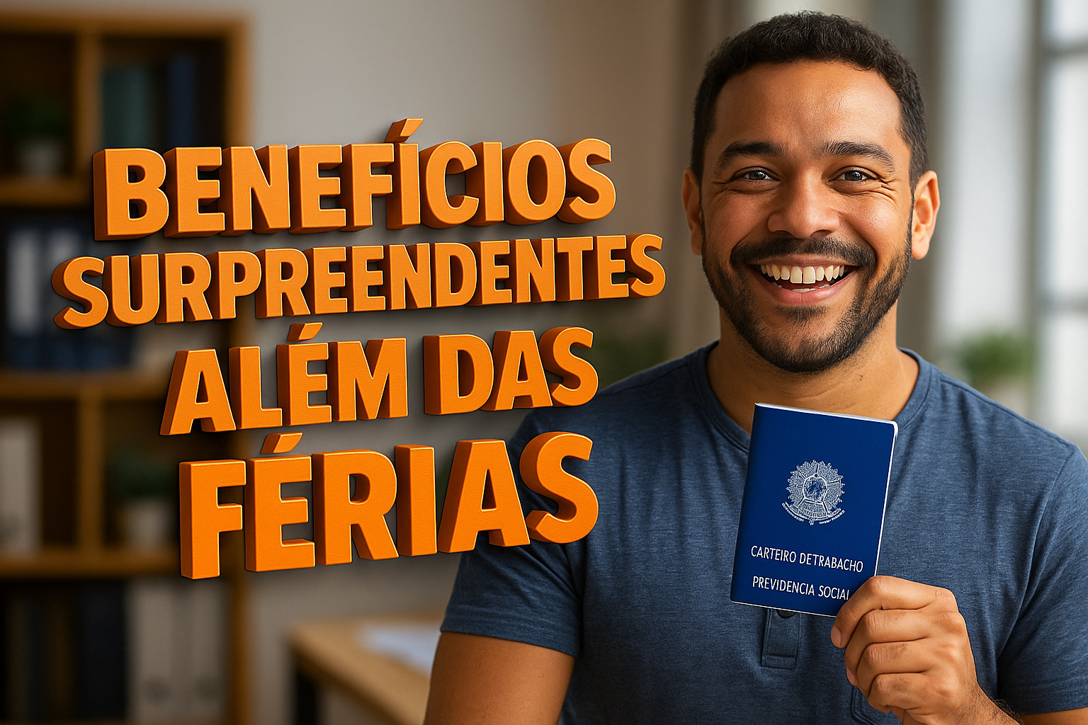 Trabalhador brasileiro sorridente segurando a Carteira de Trabalho diante da frase em 3D “Benefícios surpreendentes além das férias”, simbolizando os direitos reforçados pela nova regra da CLT.