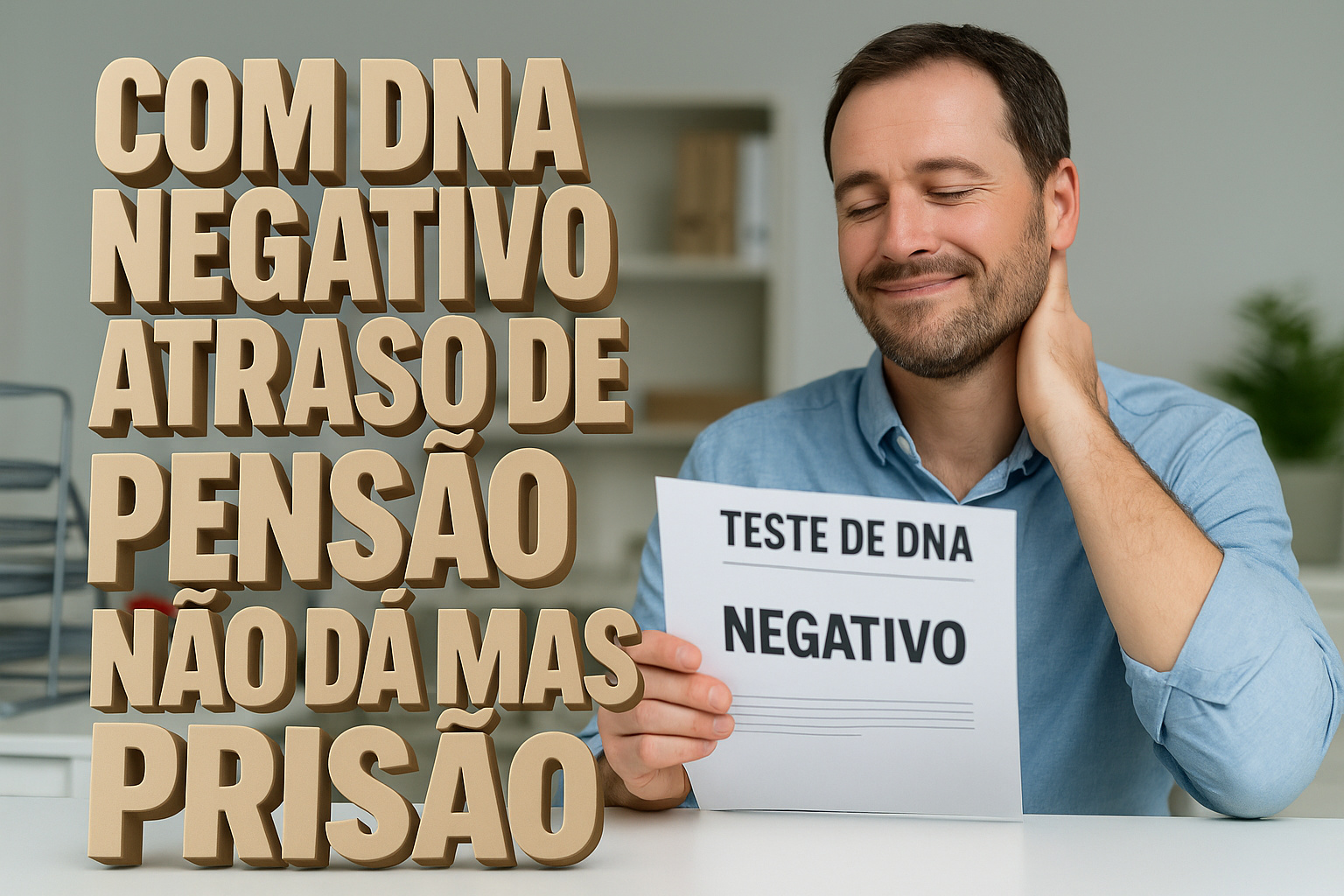 Homem aliviado segurando um teste de DNA com resultado negativo, simbolizando a dispensa da prisão por atraso de pensão conforme proposta do PL 5.885/2025.