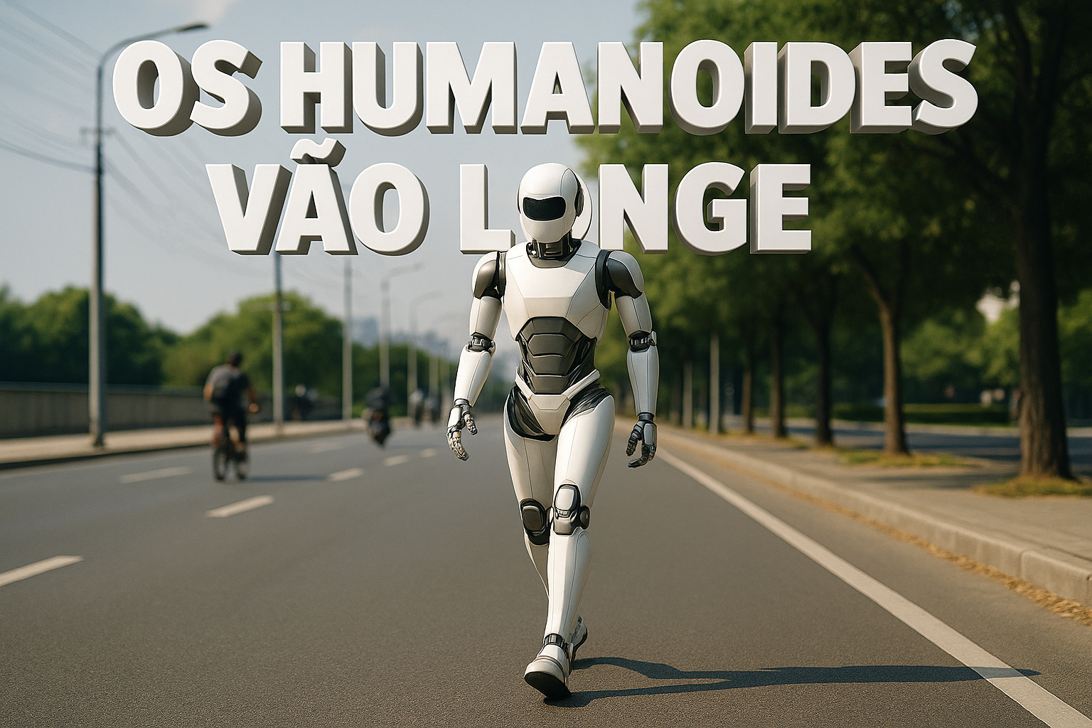 Robô humanoide caminhando por uma estrada urbana com a frase 3D “os humanoides vão longe”, representando o avanço da inteligência artificial física na China.