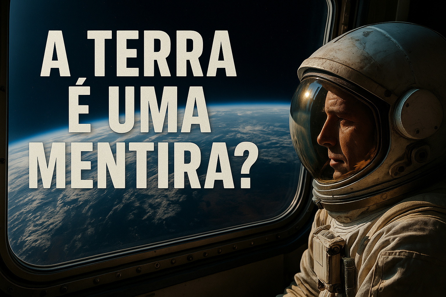 Astronauta observando a Terra pela janela da nave espacial, com o planeta visto sem fronteiras e iluminado pela luz solar.