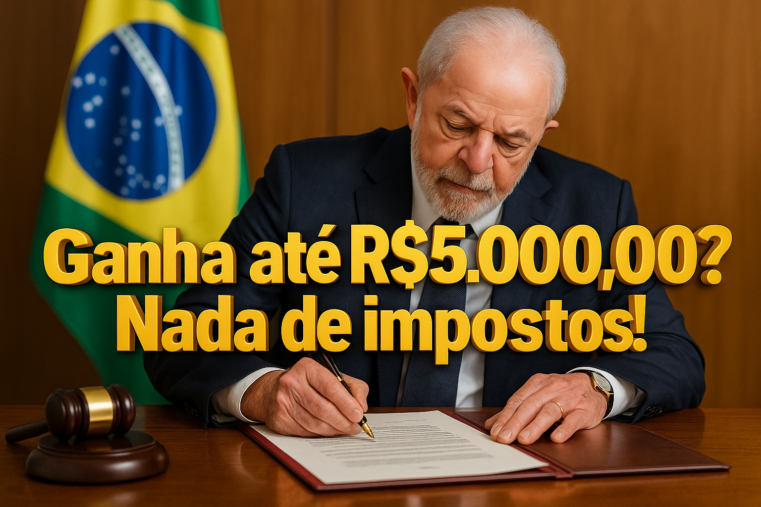 Presidente sancionando nova lei do Imposto de Renda no Brasil, com documento oficial, bandeira nacional e frase em 3D destacada sobre isenção para quem ganha até cinco mil reais.