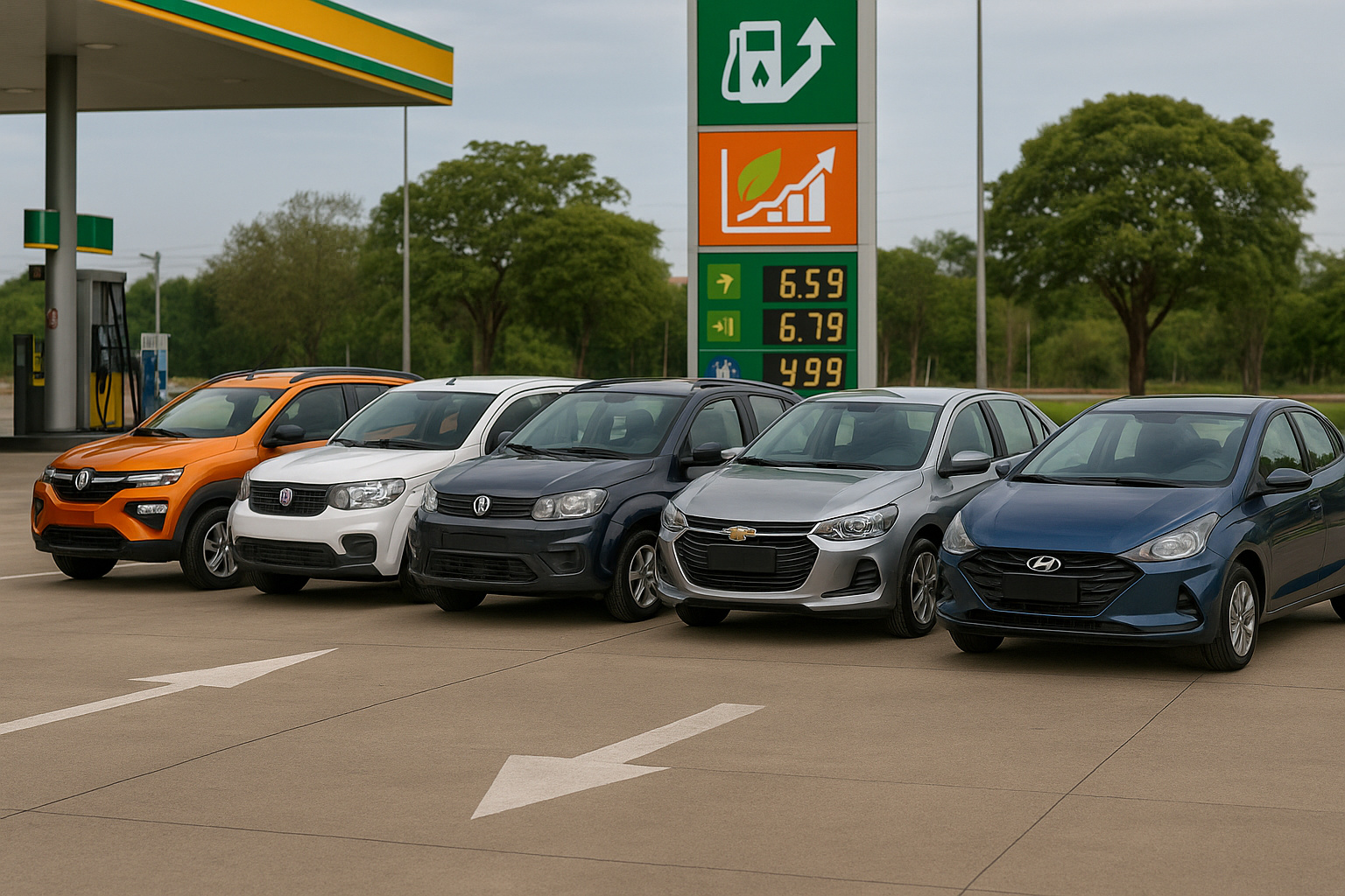 Seis carros compactos alinhados em frente a um posto de combustível, destacando eficiência, baixo consumo e modelos econômicos avaliados pelo Inmetro.