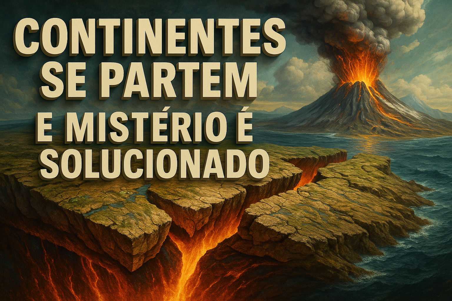 Ilustração realista de continentes se partindo com magma exposto e vulcão em erupção, representando o processo geológico descrito no estudo sobre fragmentos continentais.