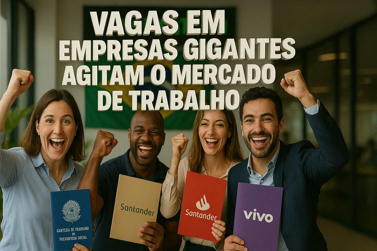 Profissionais recém-contratados comemorando vagas em grandes empresas brasileiras, segurando documentos de contratação, diante da bandeira do Brasil e com clima de entusiasmo no mercado de trabalho.