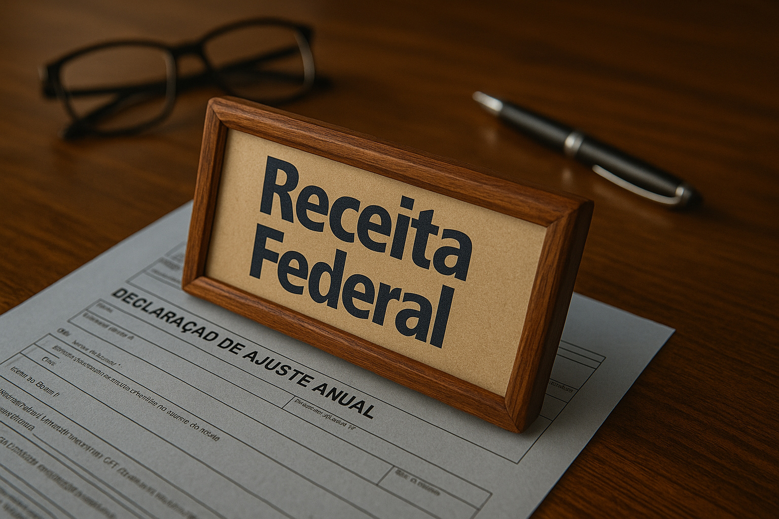 Placa da Receita Federal sobre formulário de Declaração de Ajuste Anual do Imposto de Renda, representando a análise de divergências em bens no exterior.