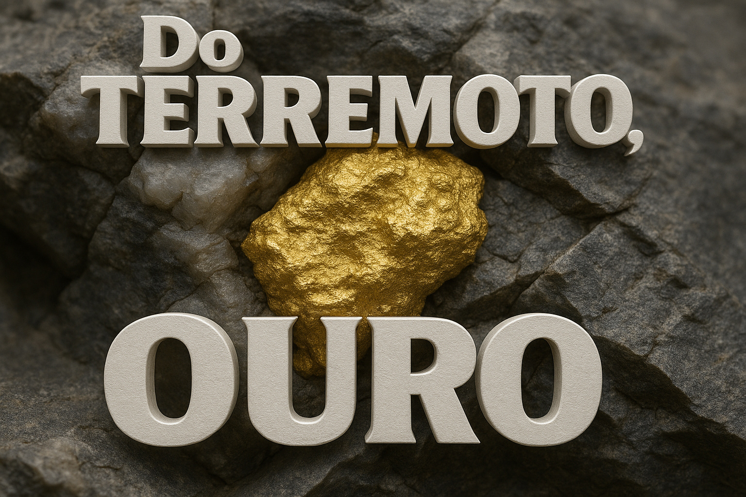 Pepita de ouro em quartzo com efeito 3D da frase “Do terremoto, ouro”, ilustrando estudo sobre formação do ouro por eventos sísmicos.