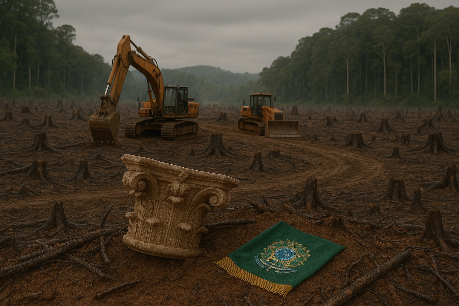 Cena de desmatamento no Brasil com maquinário pesado, troncos cortados e peça histórica ao lado de tecido oficial do governo federal.