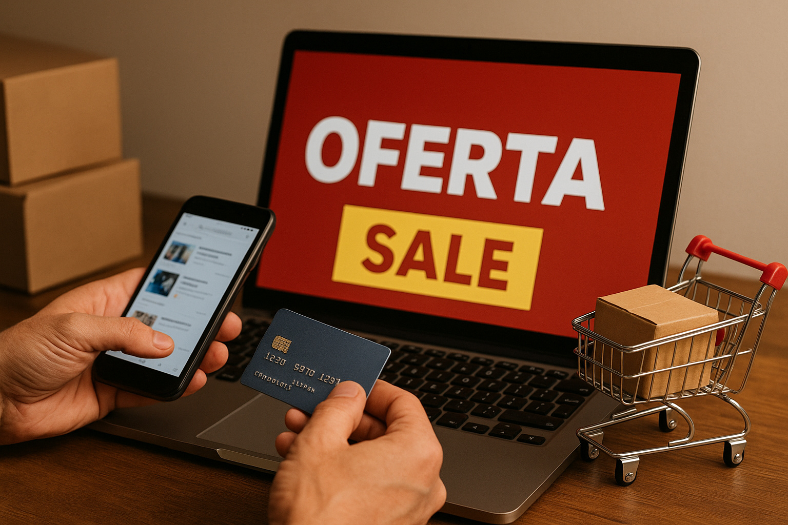 Pessoa verificando ofertas da Black Friday em um laptop enquanto segura cartão e celular, representando atenção aos riscos de golpes.