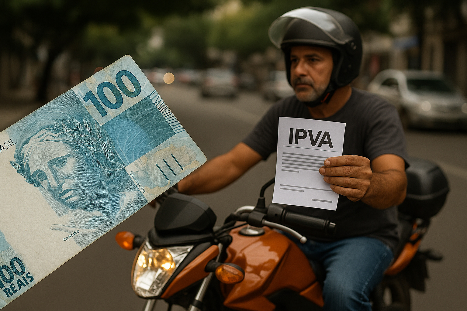 Motorista de moto segurando comprovante de IPVA ao lado de nota de 100 reais em via urbana, simbolizando a isenção do imposto.