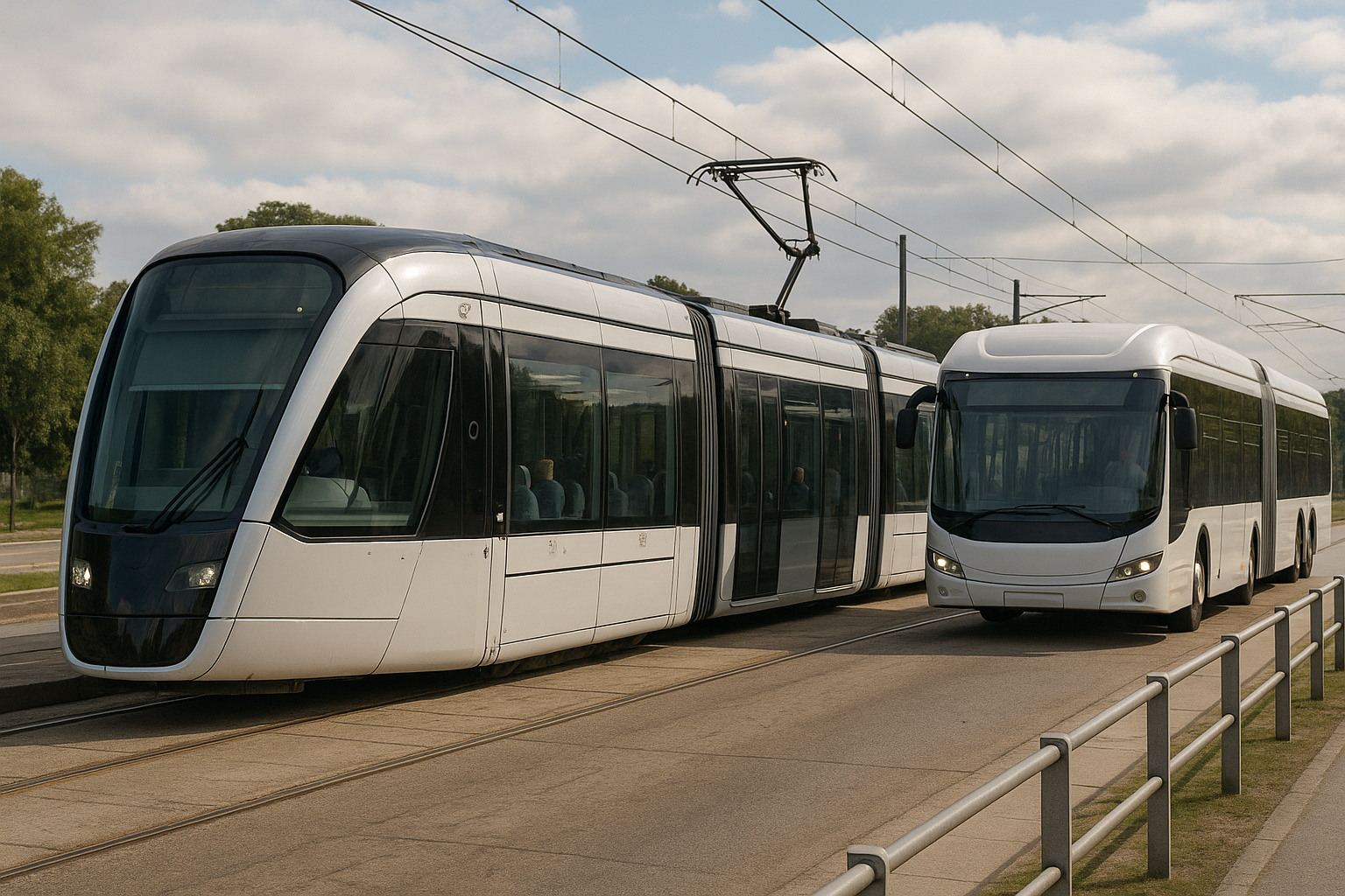 Corredor moderno de transporte no Rio de Janeiro com VLT e ônibus elétrico articulado, representando a substituição do BRT por modais sustentáveis.