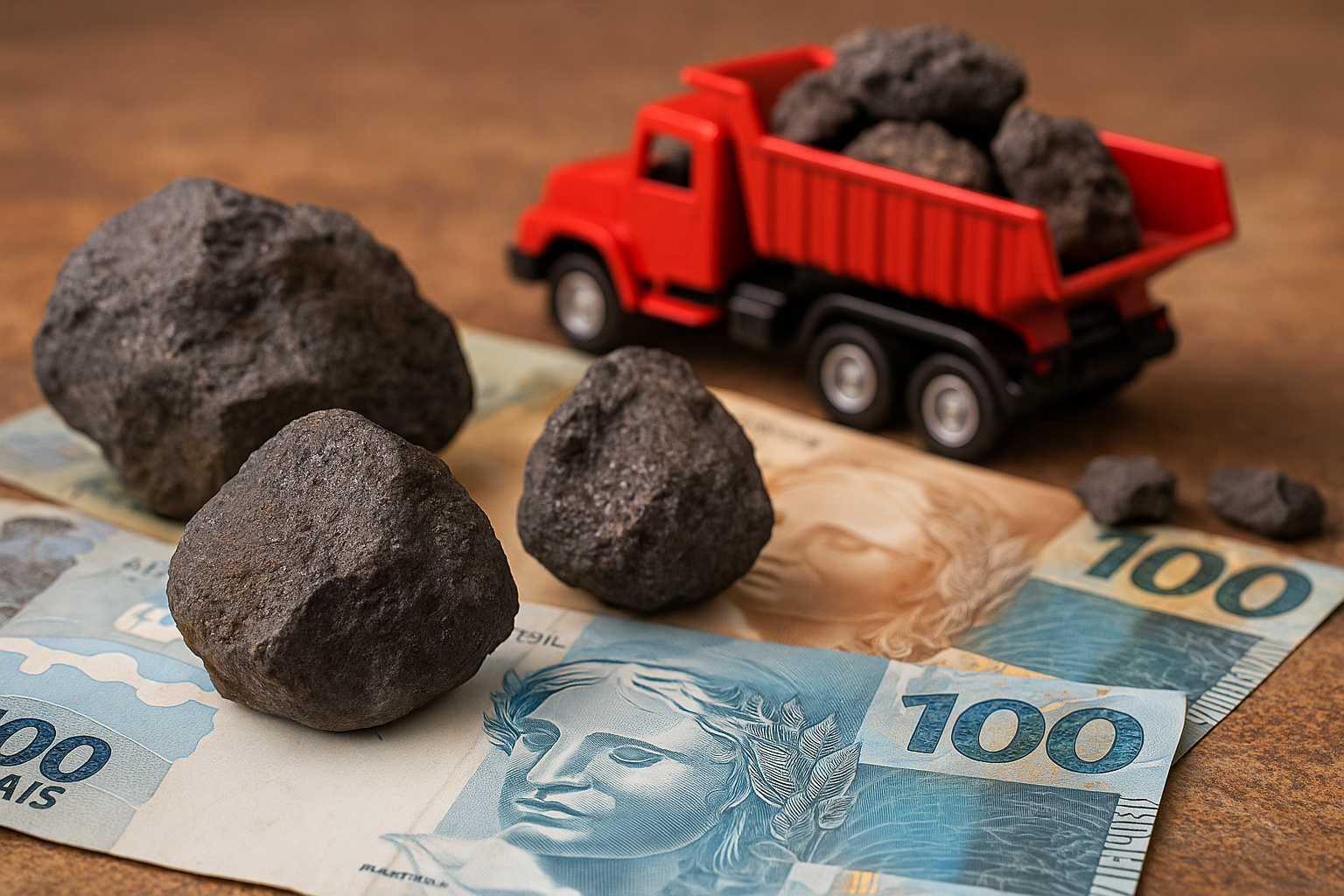Minério de manganês sobre notas de 100 reais e caminhão de transporte, simbolizando a mineração brasileira e o valor econômico do metal.