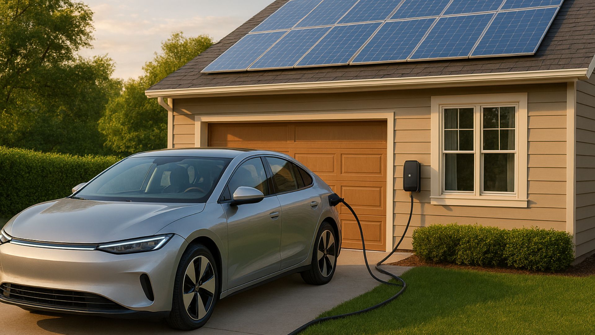 Carro elétrico conectado a uma casa moderna, fornecendo energia através de um cabo, com painéis solares no telhado