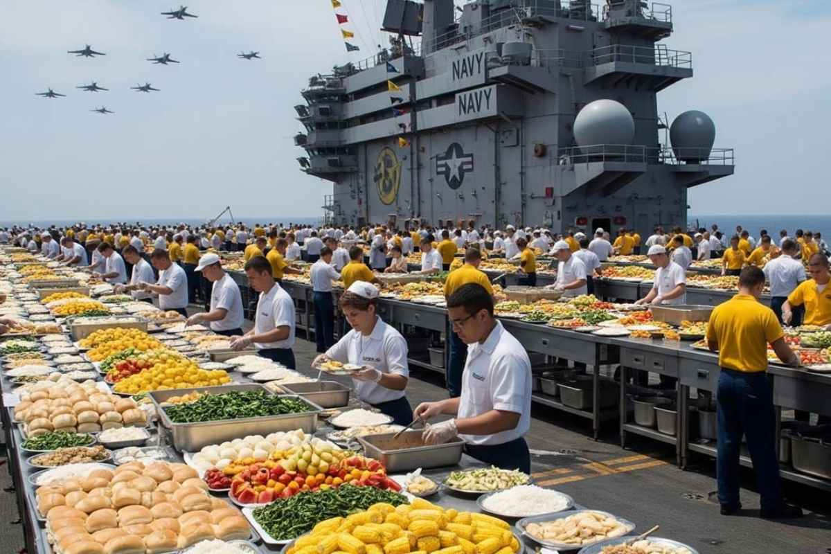 Acompanhe como a cozinha de um porta-aviões serve milhares de militares em alto-mar com refeições ininterruptas e uma logística precisa que sustenta a operação naval.