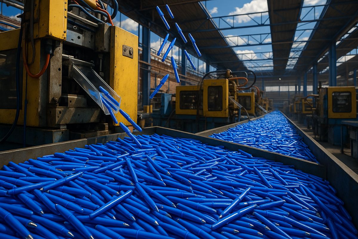 Conheça a caneta azul com corpo hexagonal e ponta de tungstênio, veja como a tinta dourada nasce em processo industrial preciso e garante 2 km de escrita.