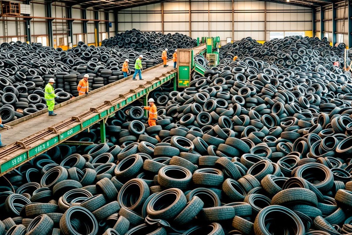 Na Nigéria, a maior operação de reciclagem transforma pneus em piso de borracha resistente, mostrando como a borracha pode sair do lixo e ganhar escala industrial.