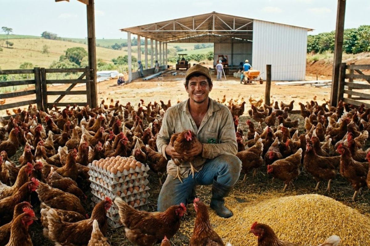 Com 1.800 galinhas caipiras, Rafael transforma o antigo curral em granja moderna, produz 1.500 ovos por dia e expande com novo galpão para 2.100 aves.