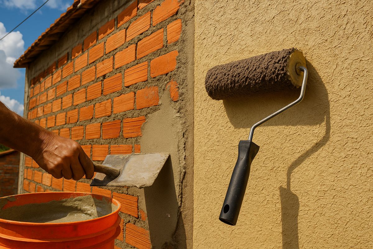Aprenda textura direto no tijolo com argamassa simples e rolo de textura para transformar parede sem reboco em acabamento profissional gastando pouco em casa.