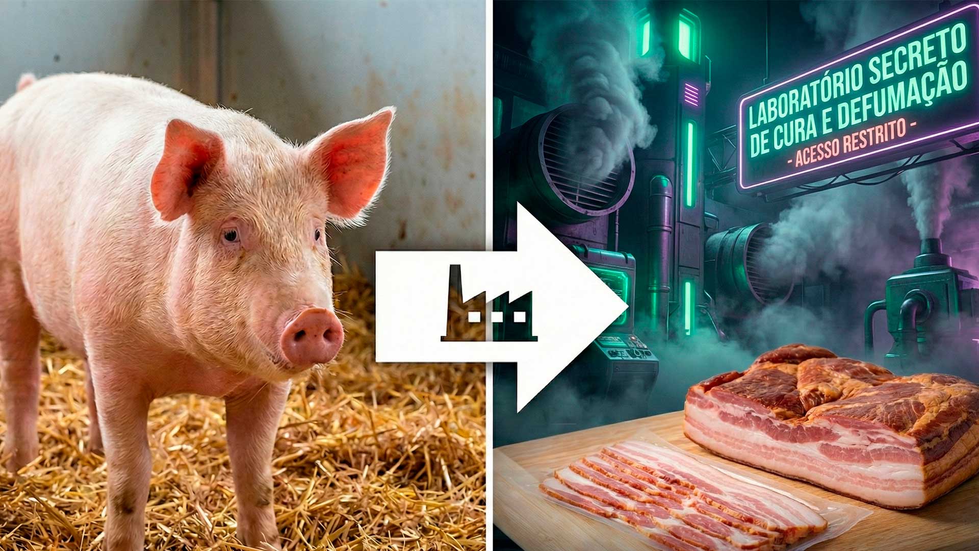 Com milhões de porcos abatidos, fábricas transformam barriga suína em bacon curado e defumado com tecnologia e aditivos, mas há controvérsias e alerta de riscos à saúde