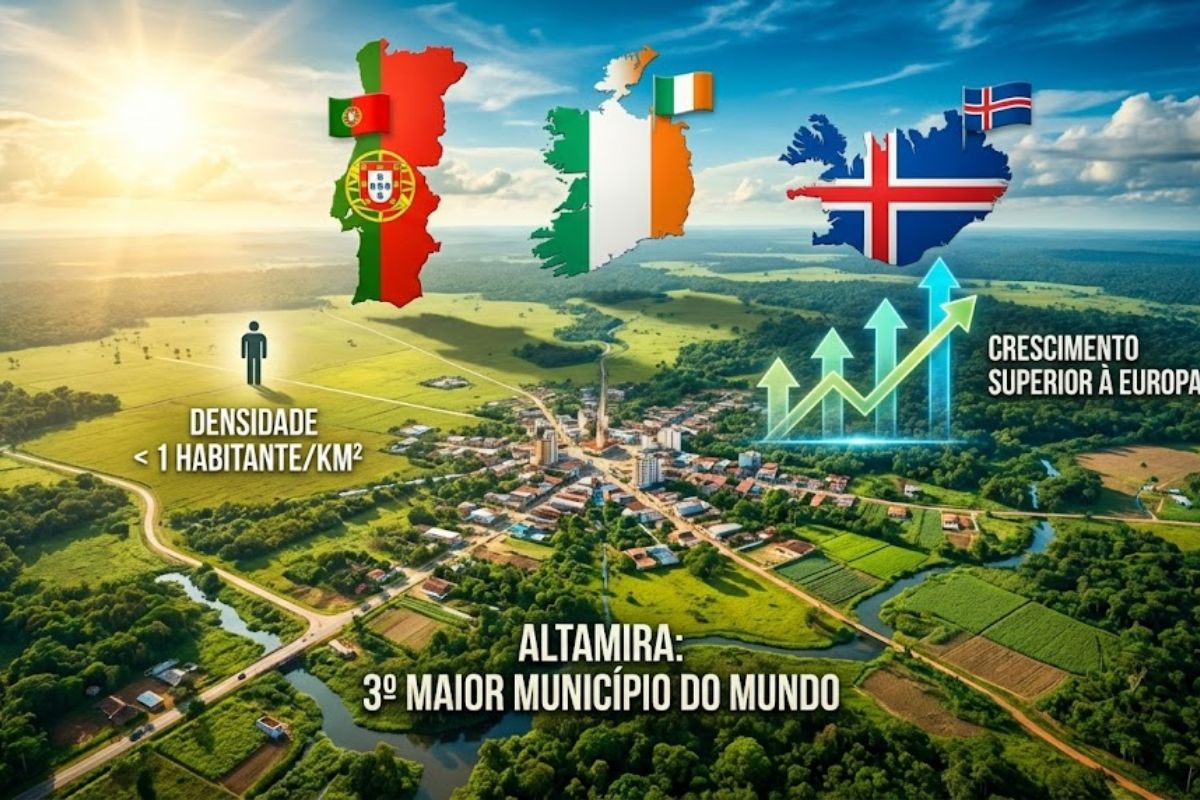 Altamira vista de cima às margens do Rio Xingu, com área urbana pequena cercada por floresta amazônica e um território gigantesco quase vazio ao redor