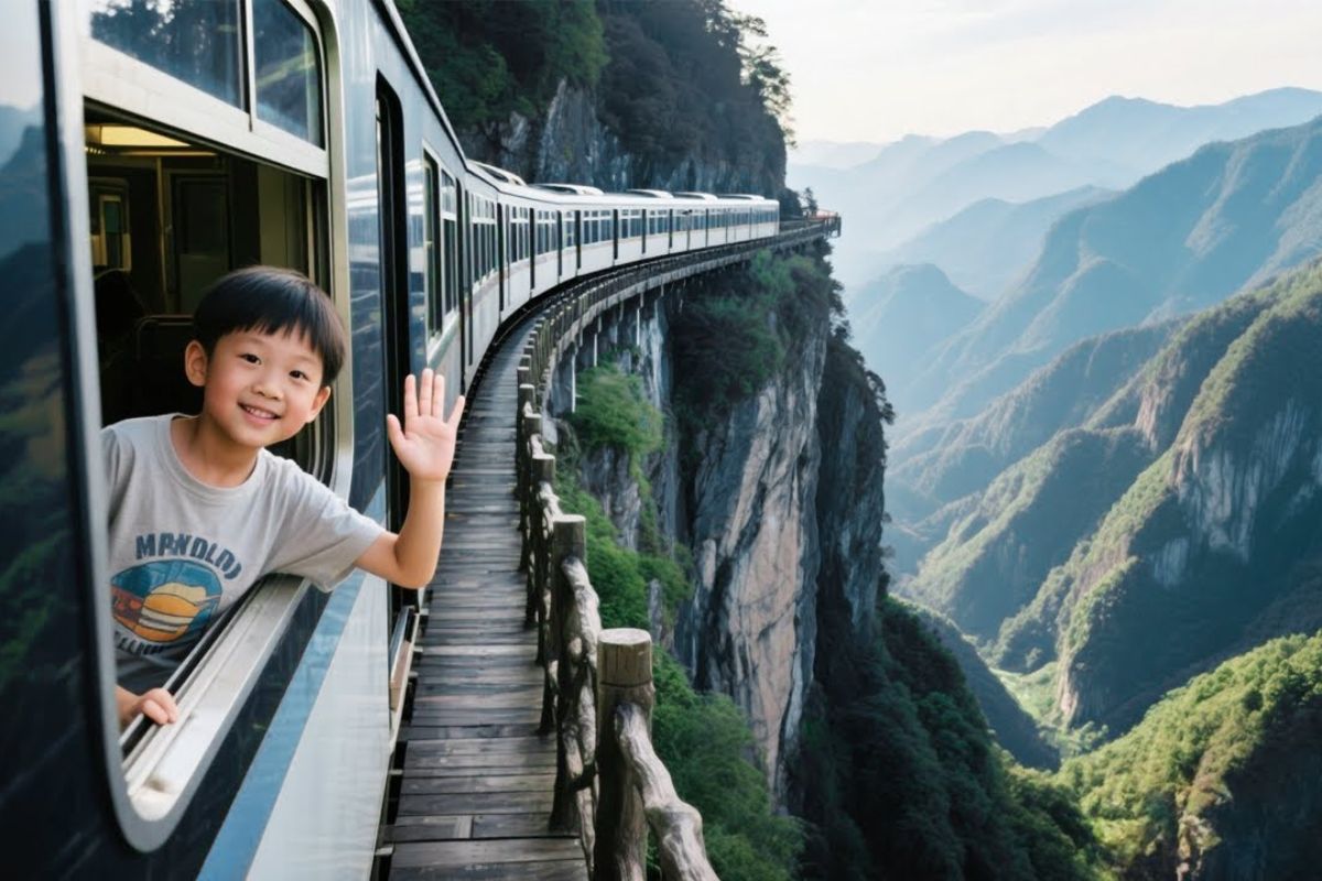 O trem elétrico da Montanha Dajue percorre falésias a 1.200 metros e leva turistas por um circuito panorâmico com vistas épicas e experiência completa na montanha.