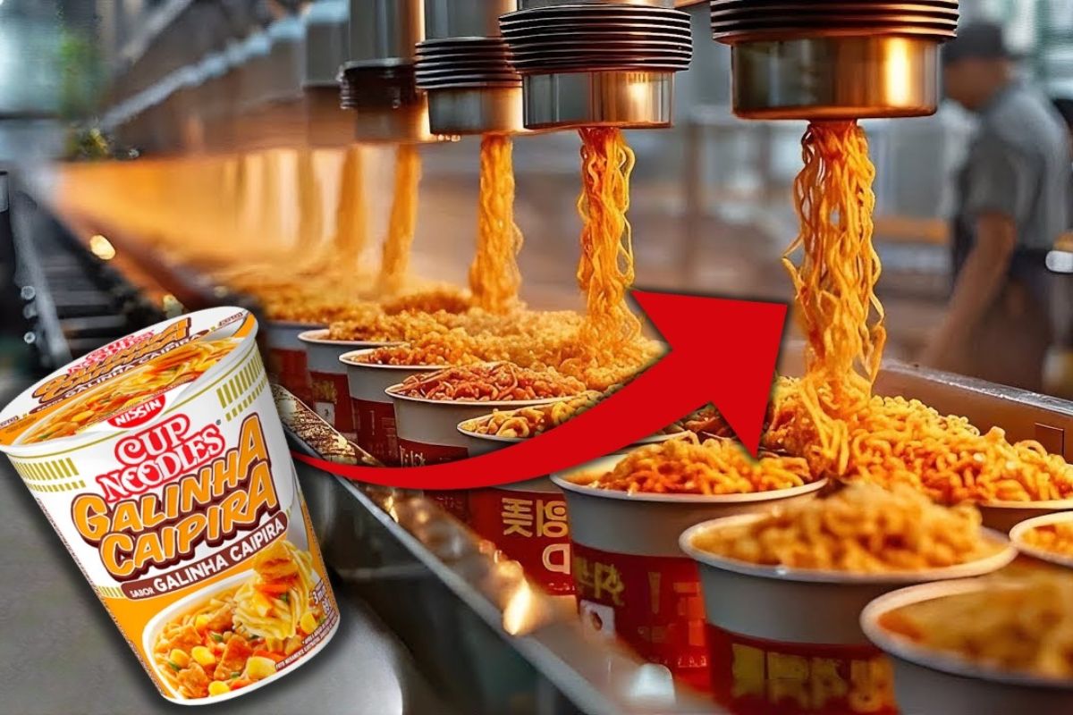 Veja como o Cup Noodles transforma massa em macarrão instantâneo usando farinha de trigo, óleo de palma e processo industrial preciso para garantir sabor em cada copo.