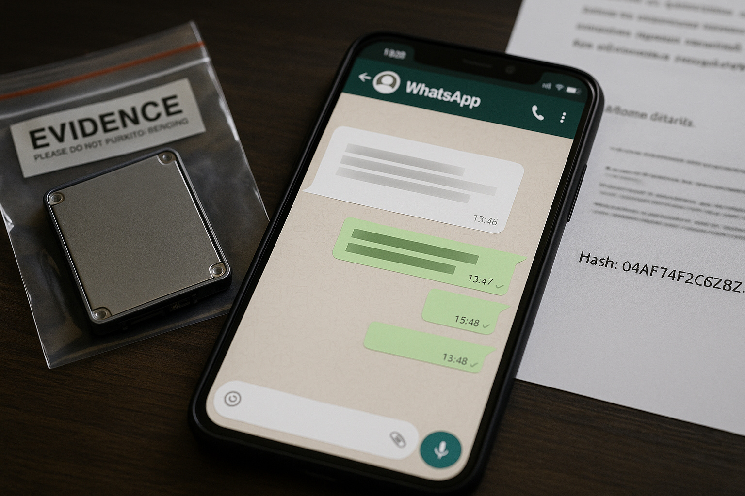 Smartphone exibindo conversa do WhatsApp ao lado de evidências digitais e documento com código hash, simbolizando a verificação da cadeia de custódia.