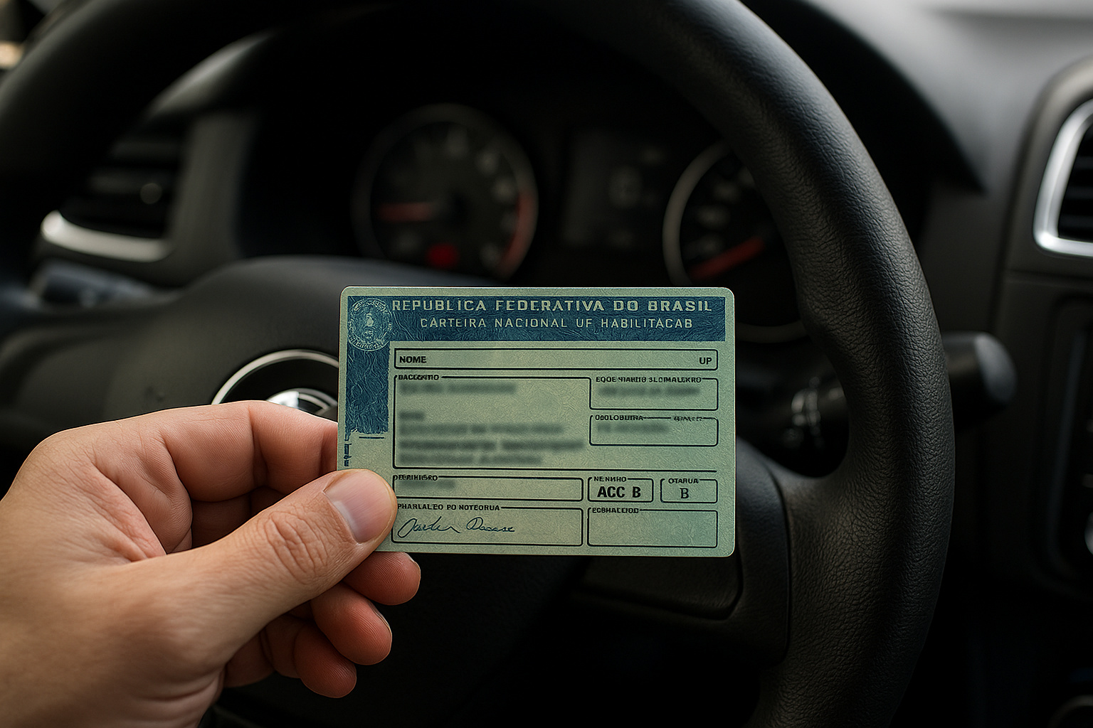 Motorista segurando a CNH diante do volante, ilustrando renovação da habilitação e regras do Detran.