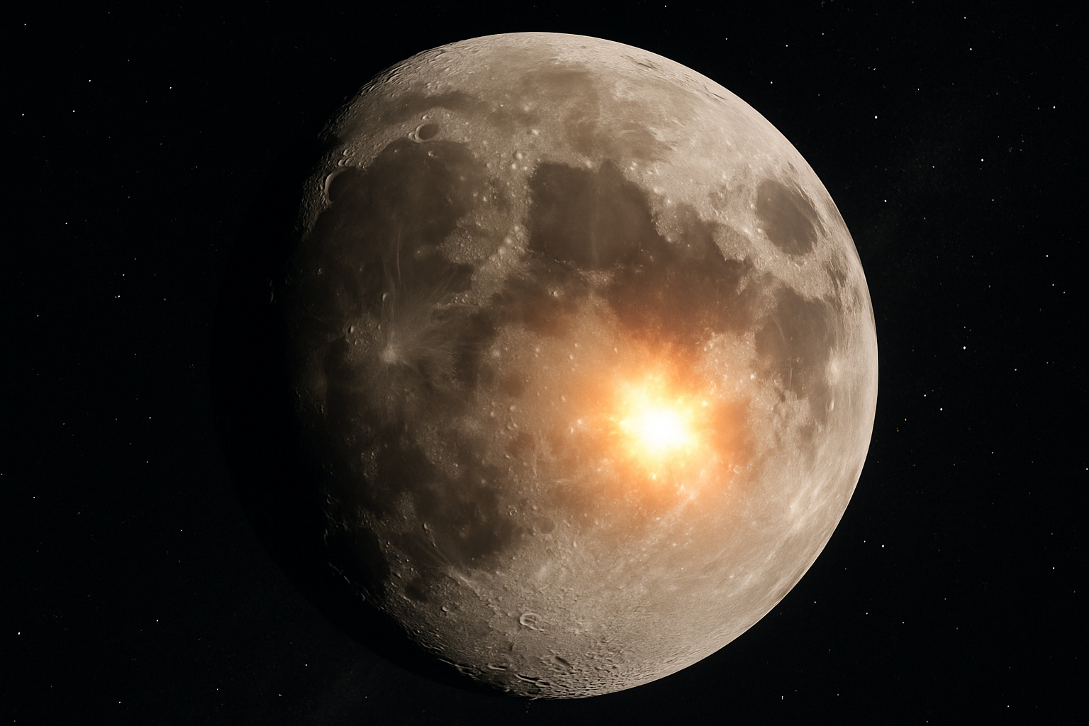 Clarão de impacto de asteroide iluminando a superfície da Lua visto da Terra