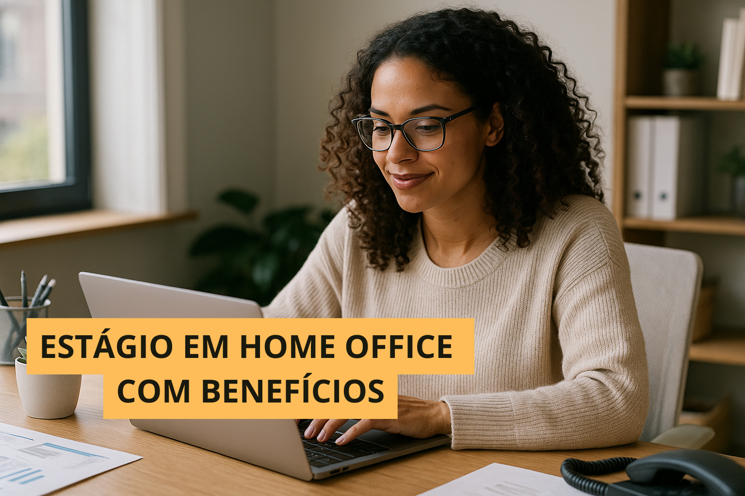 Estudante trabalhando em home office em ambiente organizado durante estágio administrativo-financeiro remoto da Bancorbrás.