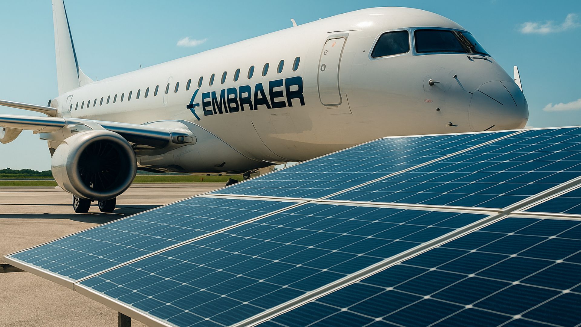 Avião comercial da Embraer estacionado em pista de aeroporto com painéis solares em primeiro plano, sob céu azul claro.