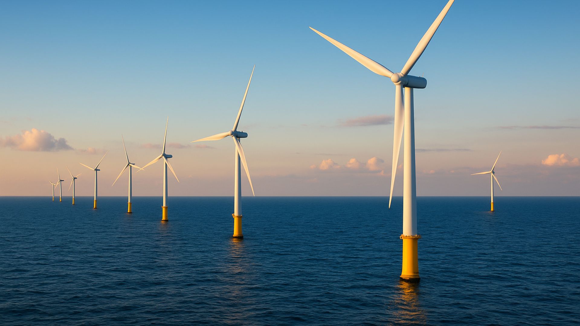 Parque eólico offshore com turbinas alinhadas sobre fundações amarelas no oceano, sob céu parcialmente limpo ao amanhecer ou entardecer.