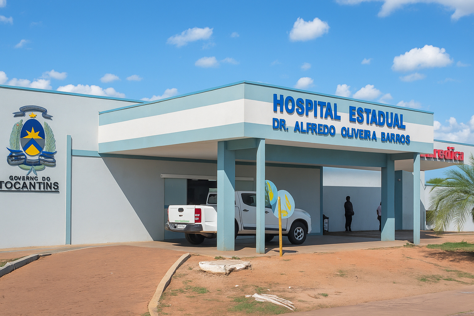 Hospital Estadual Dr. Alfredo Oliveira Barros com fachada clara e céu azul parcialmente nublado ao fundo.