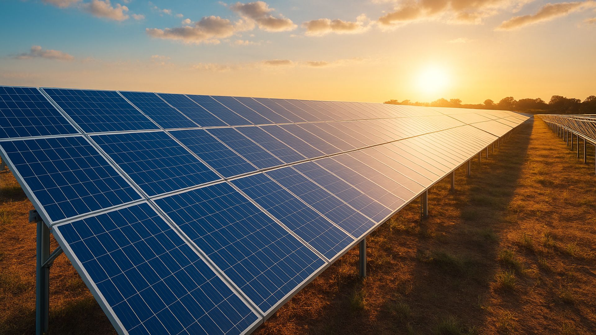 Usina solar com longas fileiras de painéis fotovoltaicos iluminados pela luz do pôr do sol em um campo aberto