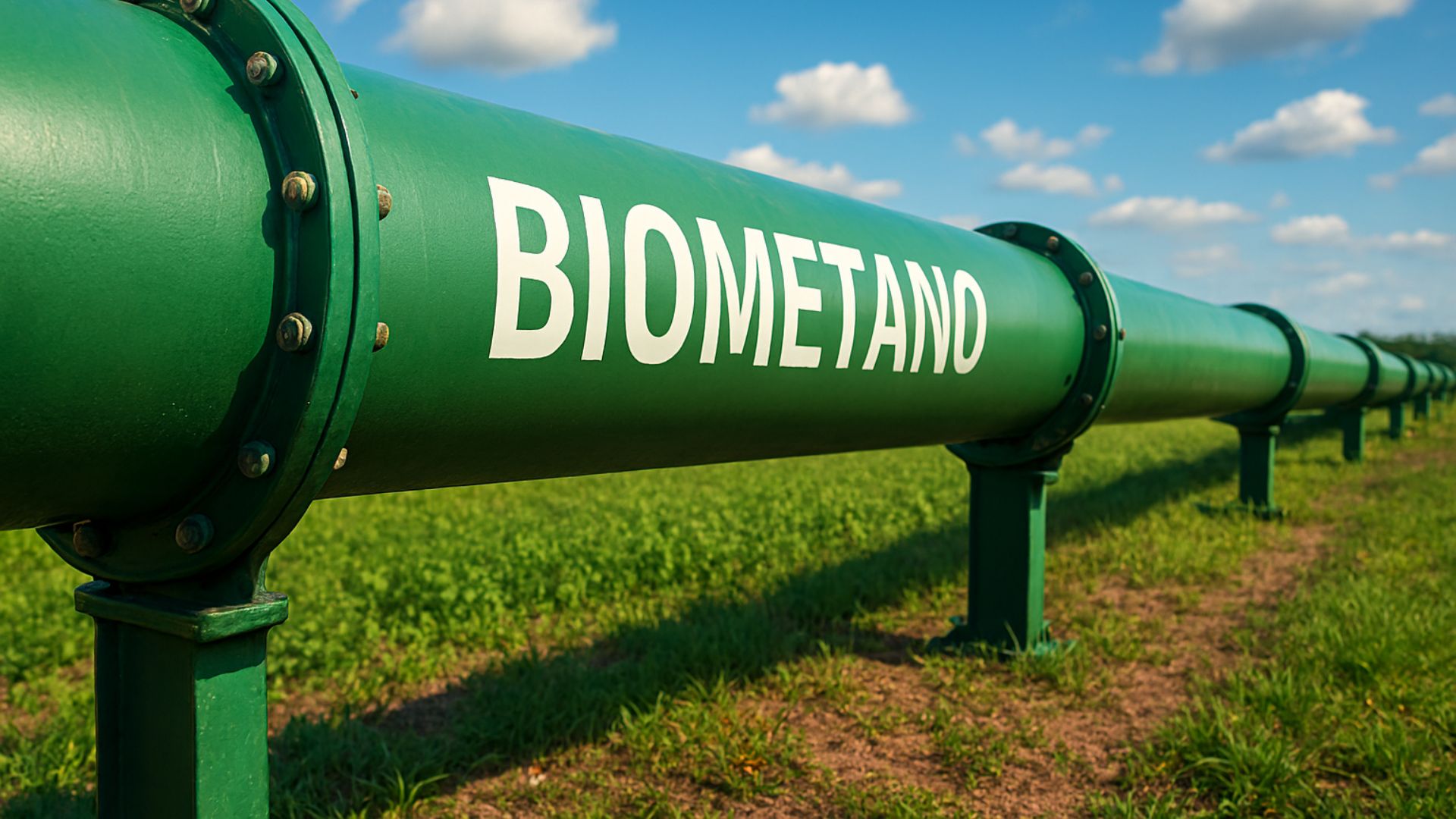 Tubulação verde de biometano elevada sobre suportes metálicos em campo gramado, sob céu azul com nuvens, representando infraestrutura de energia renovável.