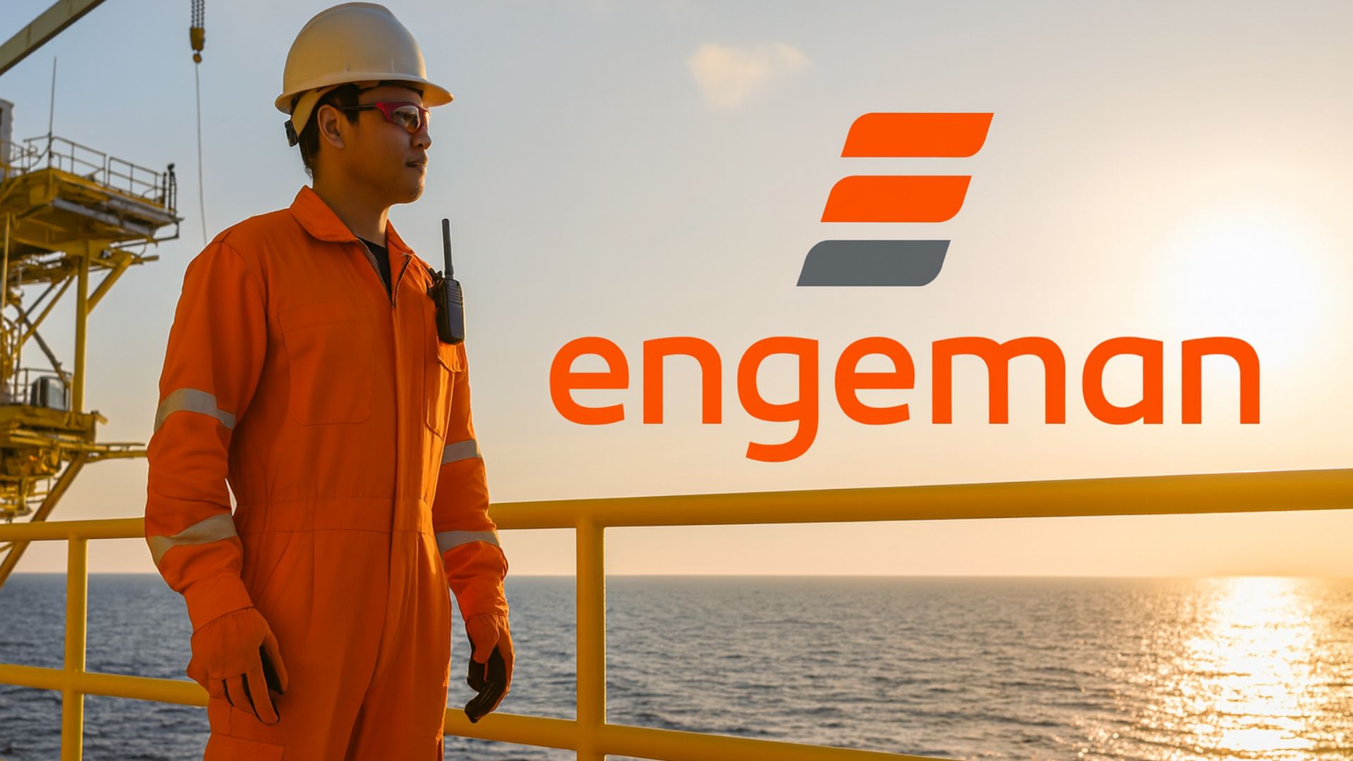 Trabalhador offshore com uniforme laranja e capacete branco em plataforma marítima ao pôr do sol, com o logotipo da Engeman ao lado.