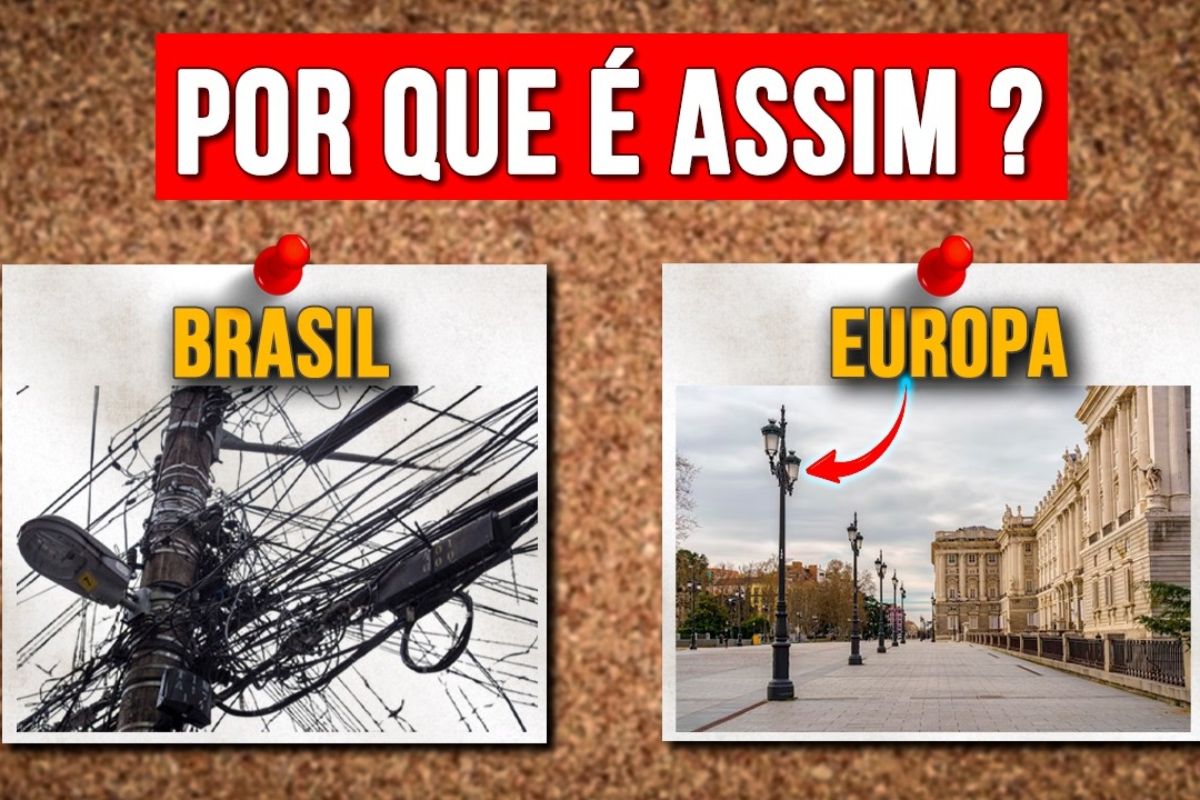Fiação elétrica exposta revela infraestrutura urbana frágil, postes sobrecarregados, apagões no Brasil e atraso na adoção de rede subterrânea. FONTE E IMAGEM: Canal Conhecimento Global