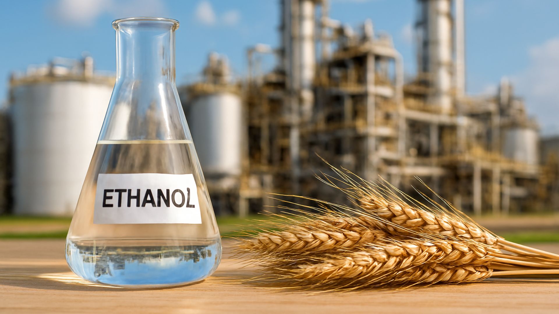 Usina de etanol de trigo em operação com estruturas industriais ao fundo e céu azul claro