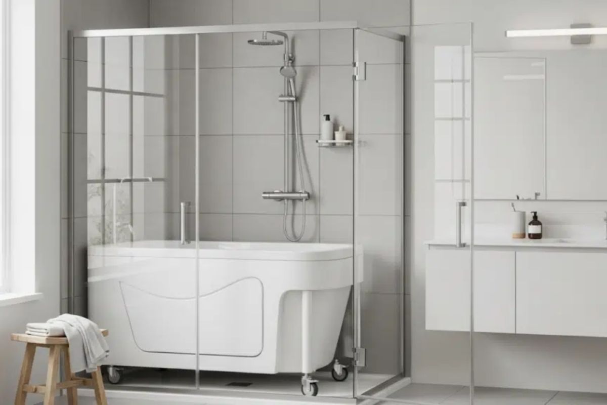 Banheira móvel prática leva banheira a qualquer banheiro, melhora o banho e aproveita o espaço de banheiros pequenos sem obra nem reforma.