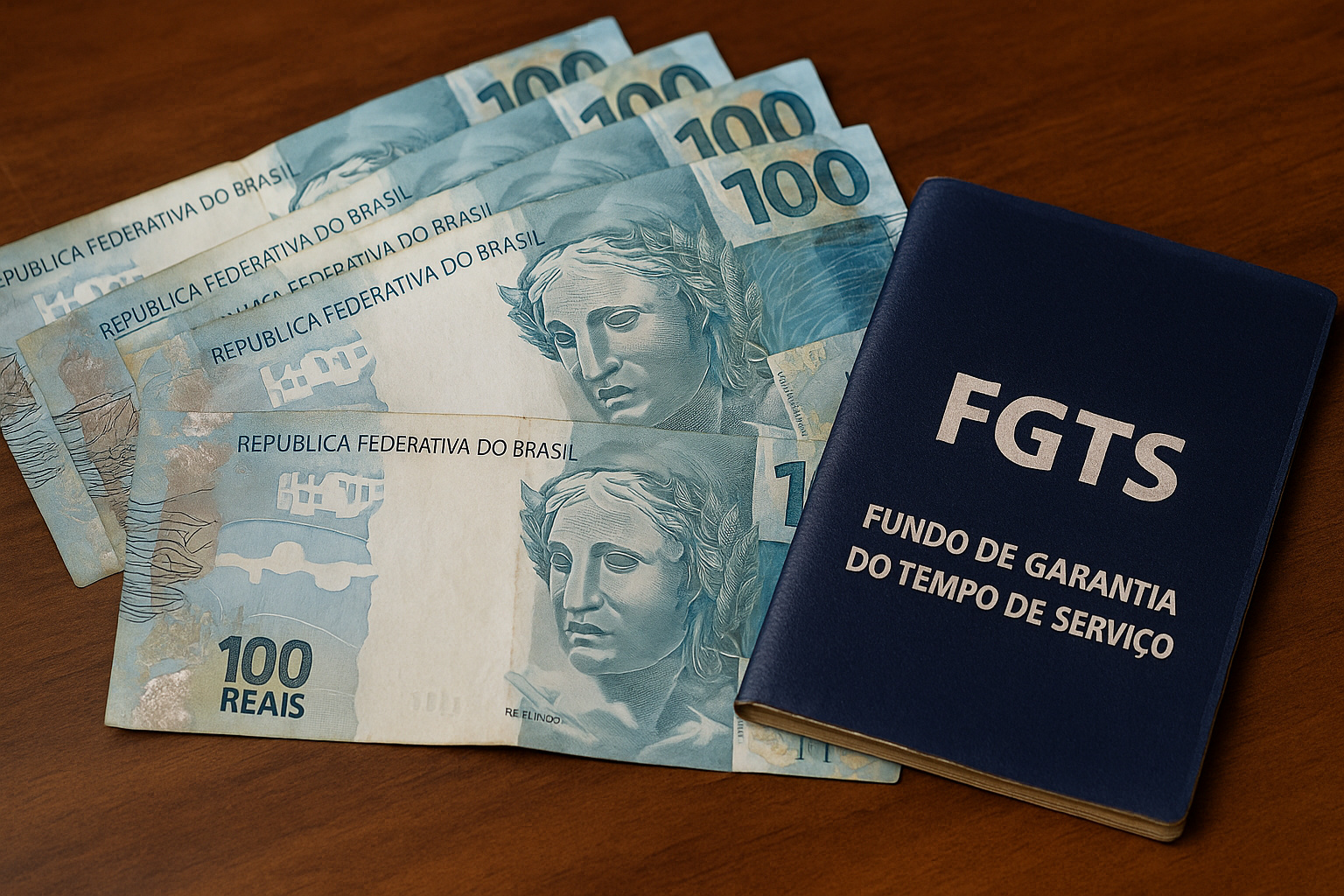Carteira do FGTS ao lado de notas de 100 reais representando a liberação do saldo retido pelo saque-aniversário em 2026.